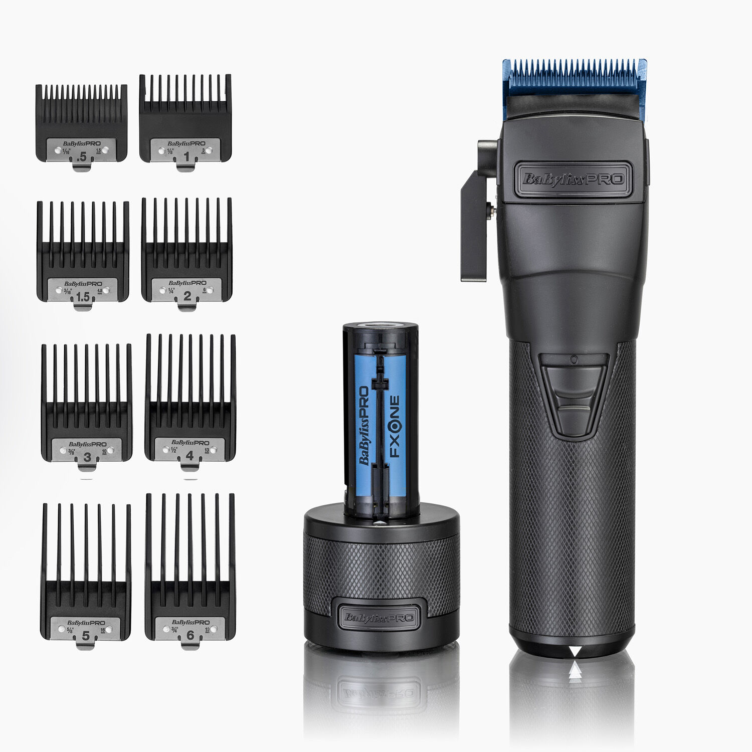 FXONE All-Metal Black Clipper, battery & charger, and 8 comb guides